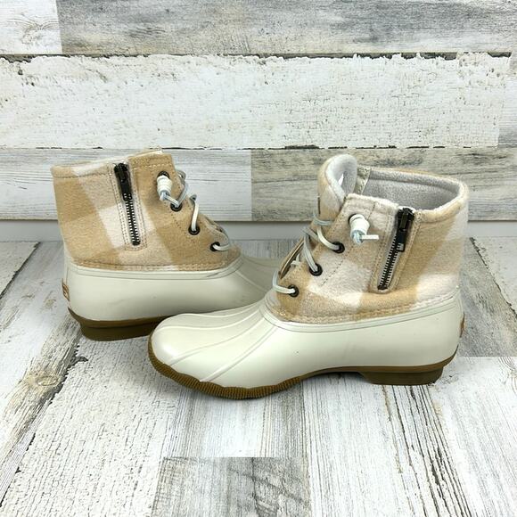 Sperry Women’s 7.5 Saltwater Cream Tan Buffalo Check Wool Ivory Duck Boots NEW - Picture 7 of 11